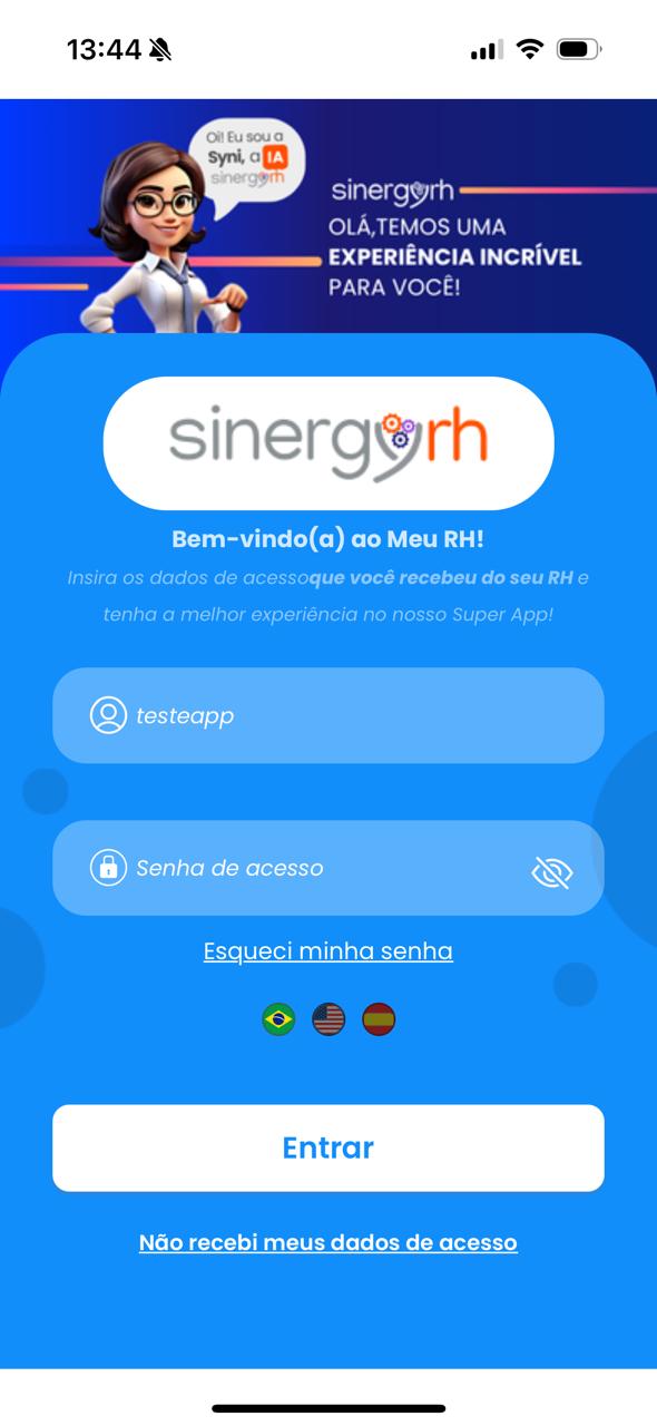 Tela de acesso do Super App SinergyRH, com a Syni e a mensagem Bem-vindo(a) ao Meu RH
