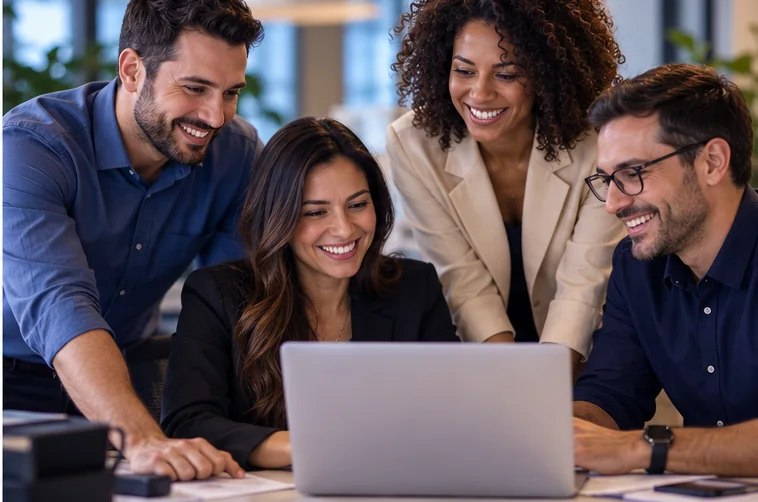 Equipe reunida em volta de um notebook, conversando e sorrindo no escritório