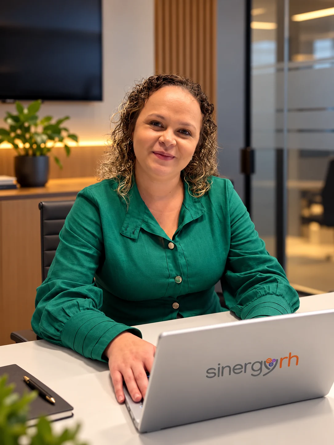 Colaboradora da SinergyRH trabalhando em notebook com a marca da empresa em ambiente corporativo