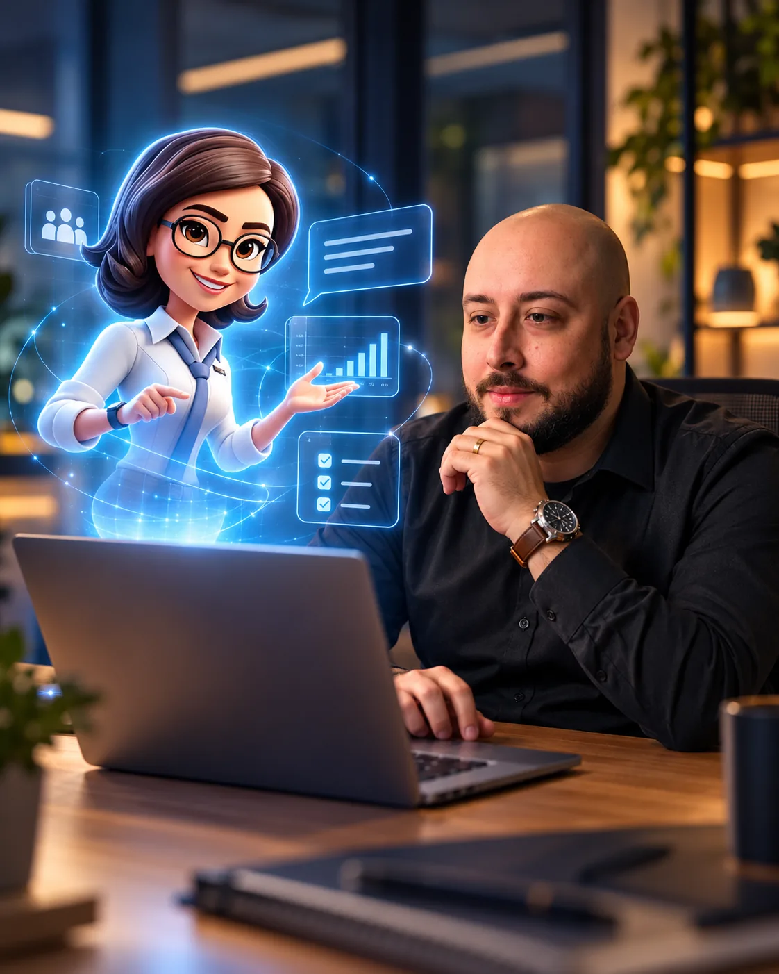 Especialista diante do notebook enquanto a Syni, assistente virtual da SinergyRH, aparece ao lado da tela com gráficos e listas de tarefas