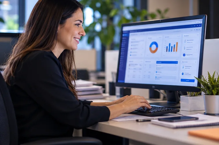 Especialista operando a folha de pagamento no computador com o sistema SinergyRH